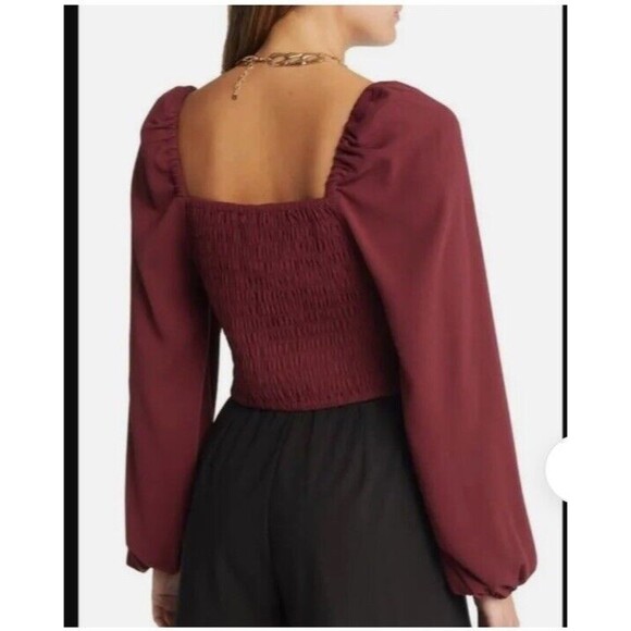 Open Edit Ruched Long Sleeve Keyhole Crop Top Burgundy Tannin S‎ - Picture 2 of 10